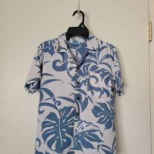 Boy's Casual Blue Tropical Print Button-Down Shirt